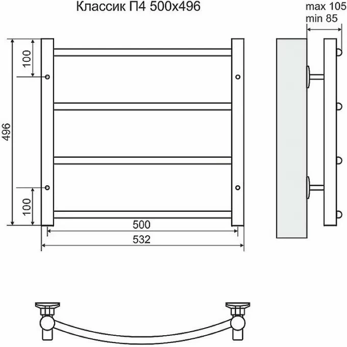 Водяной полотенцесушитель Terminus Классик П4 500х496 Хром 4670030725172 - 2