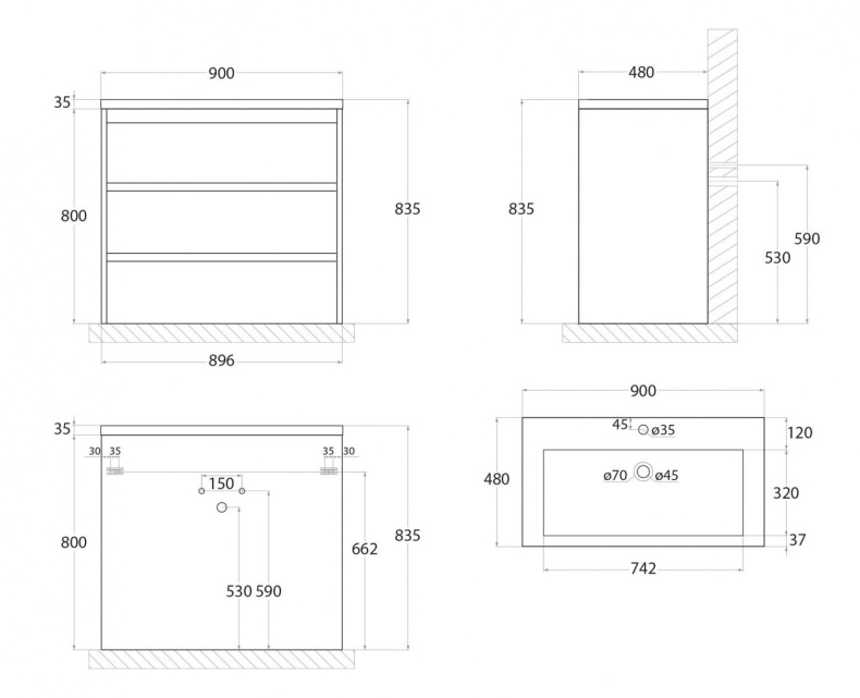 FAMILY База под раковину напольная с тремя выкатными ящиками, Pino Esotica, 900x480x845, FAMILY-900-3C-PIA-PE - 4
