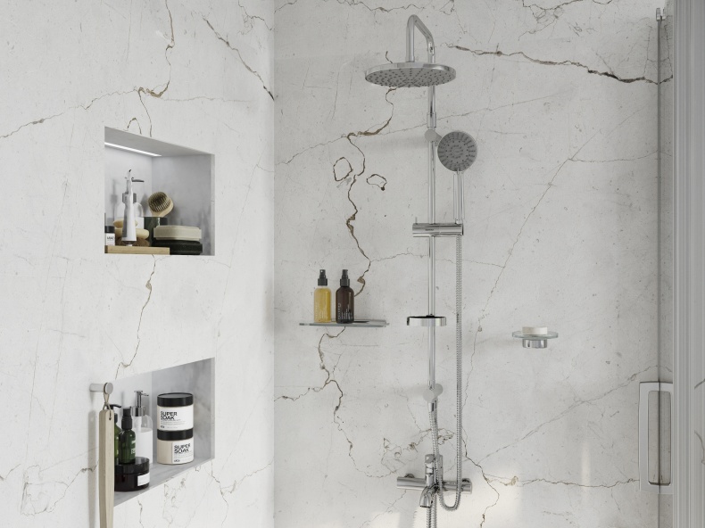 Душевая стойка STWORKI by Damixa Стокгольм HFSG97000, хром, с тропическим верхним душем, без излива, угловая, с полкой - 4