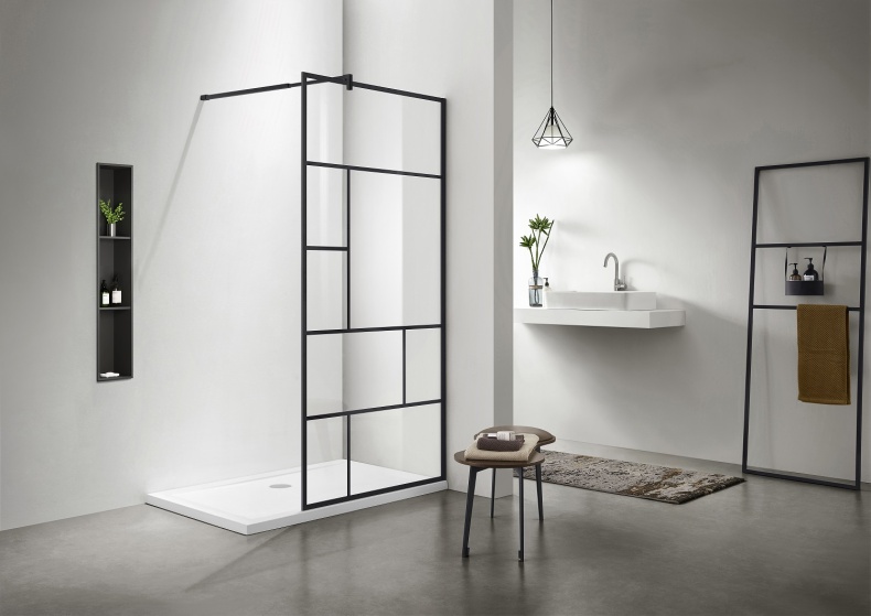 AQ WIW Print 10020BL Душевая перегородка Walk in, с держателем 1000x2000, профиль черный матовый, стекло прозрачное с черным принтом - 0