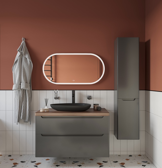 Мебель для ванной STWORKI Берген 100 серая с темной столешницей,  раковина Bocchi Etna Etna 1114-004-0125 черная 568139 - 0