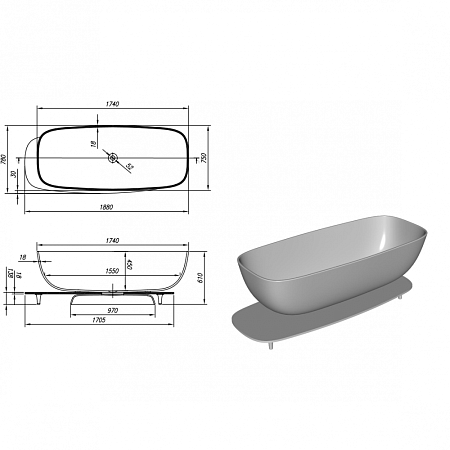 Ванна из литьевого мрамора Kolpa San Milo 174х75 бело-зеленая 592470 - 2