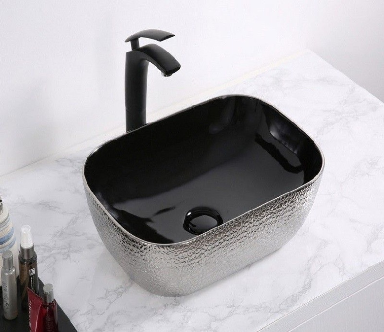 Раковина накладная CeramaLux NC 46 см черный/серебро  D1333H020 - 0