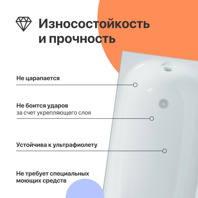 Акриловая ванна DIWO Кострома 170x70 прямоугольная, белая, российская, пристенная с каркасом 568484 - 2