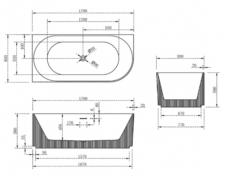 Акриловая ванна Abber 170х80 черный, матовый  AB9329-1.7MB L - 3