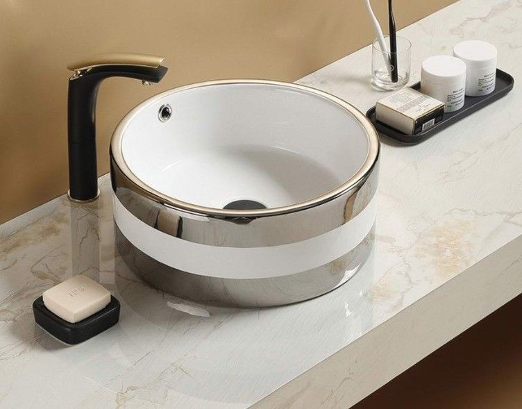 Раковина накладная CeramaLux NC 42 см белый/серебро  C1056  - 0