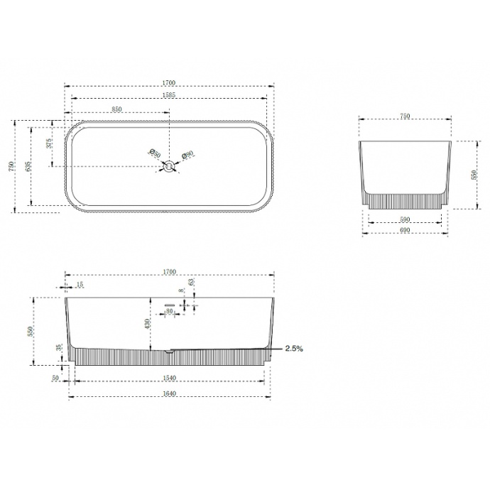 Ванна из искусственного камня Abber Stein 170х75 белый матовый AS9663 - 5