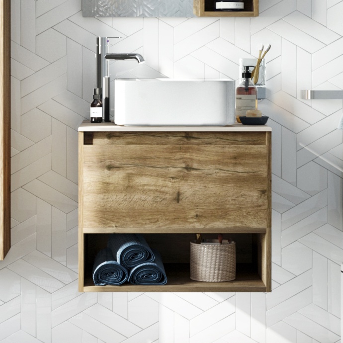 Мебель для ванной STWORKI Карлстад 60 дуб рустикальный, простоун беж, с отверстием под смеситель в столешнице 425192 - 2