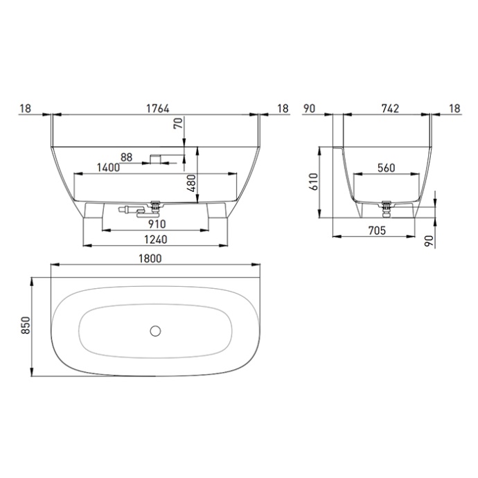 Salini Sofia Wall 180 Ванна пристенная 1800х850х610мм, донный клапан 