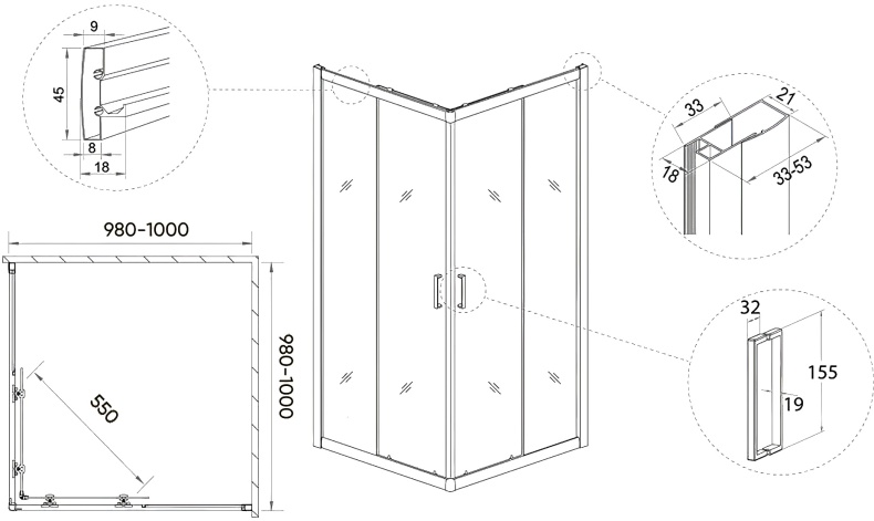 Душевой уголок Veconi Rovigo RV-13 100x100 профиль черный  RV13-100-01-C5 - 2