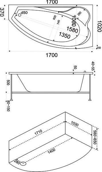 Акриловая ванна Bas Николь 170x108 см R В 00028 - 4