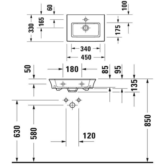 DURAVIT (White Tulip) Умывальник 450 х 330 мм, с отверстием под смеситель, без перелива, белый 0737450041 - 1