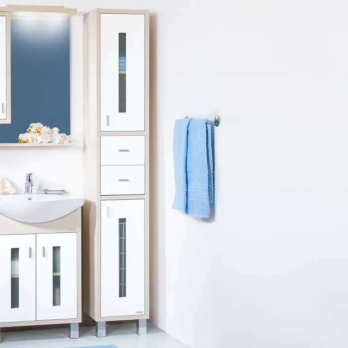 Шкаф-пенал Бриклаер Бали 34 светлая лиственница, белый глянец, с бельевой корзиной 4627125412066 - 0