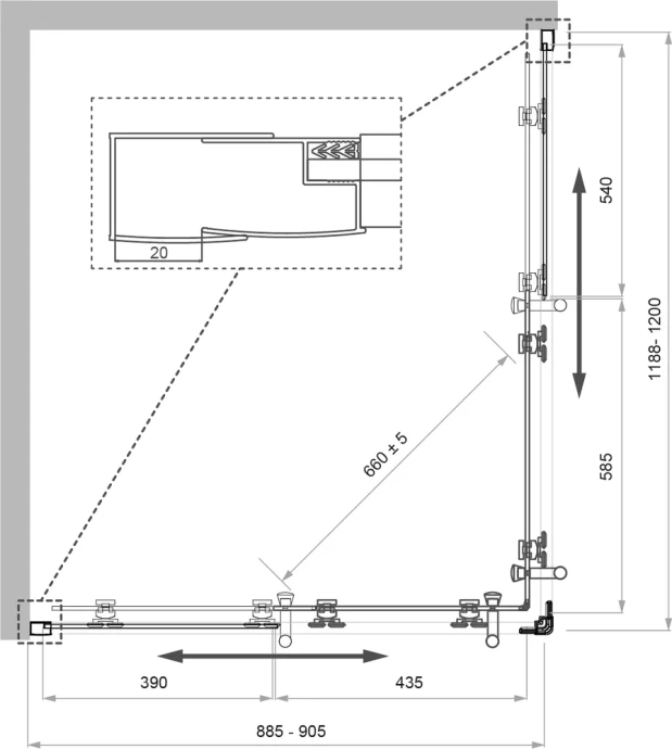 Душевой уголок BelBagno Uno 120х90 профиль хром стекло рифленое UNO-195-AH-2-120/90-CH-CR - 4