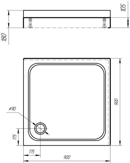 Душевой поддон (с ножками) из литого мрамора 90*90 квадратный, гладкое дно DP-0000004 - 1