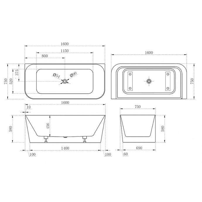 Акриловая ванна Abber 160х75 белая без гидромассажа AB9223-1.6 - 2